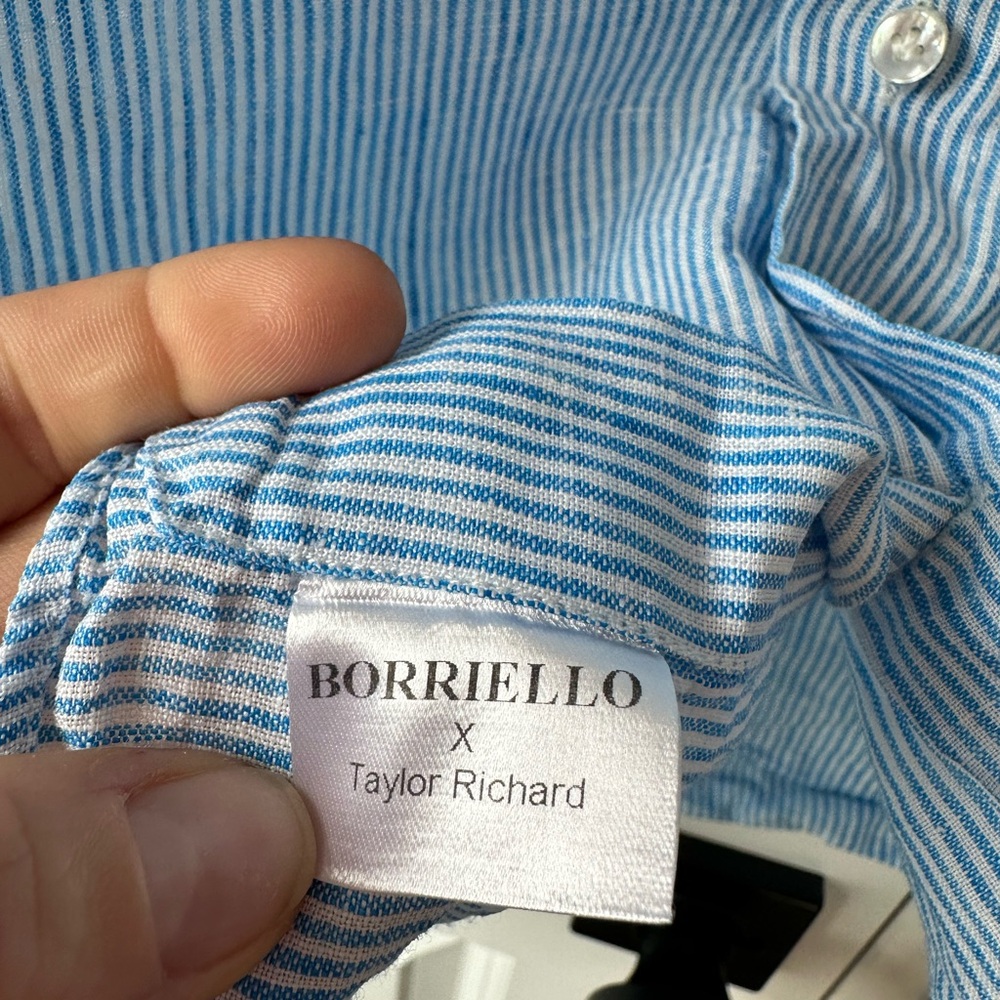 Borriello Napoli Men’s Linen Striped Button Down Short Sleeve Shirt Blue (XXL) - Picture 6 of 9